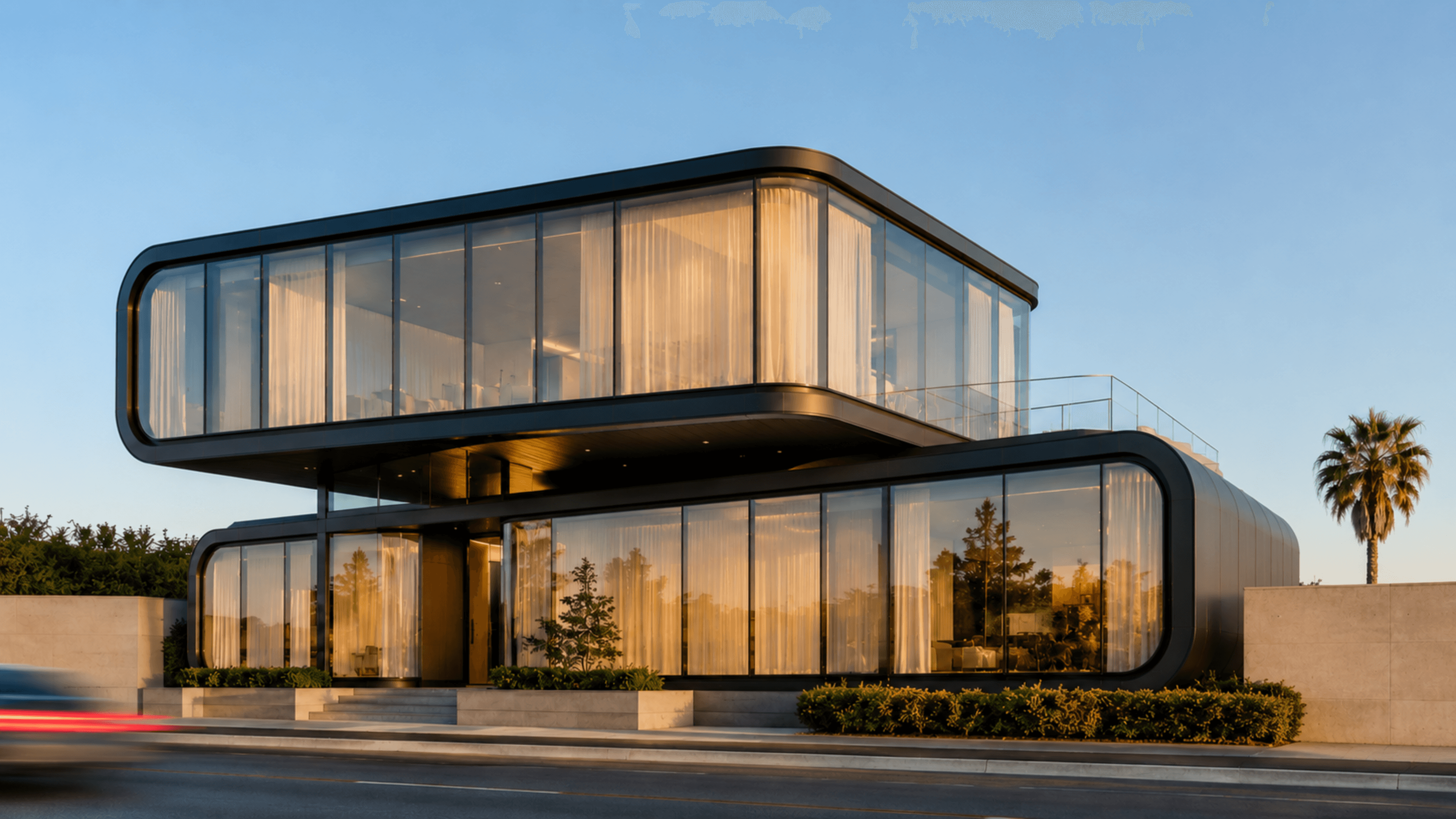 Modern modular glass building at golden hour